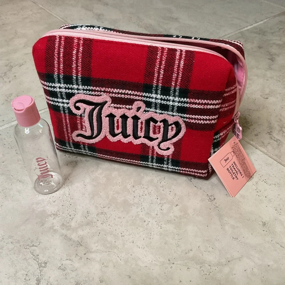 Juicy Couture Red Plaid Zip Cosmetic Pouch with Pink Logo NWT